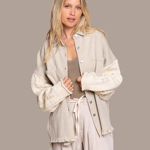 POL Ivory Boho Style Distressed Shacket With Sweater Sleeves